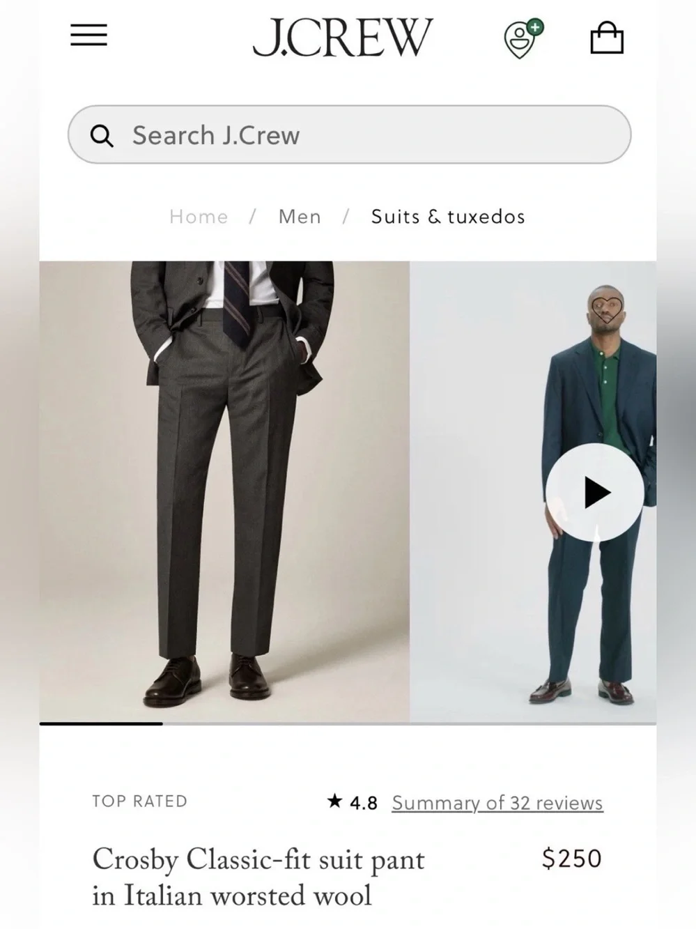 $250 J CREW CROSBY DRESS PANTS 34 FITS 36 TOLLEGNO 1900 ITALY 3D WOOL CHARCOAL
